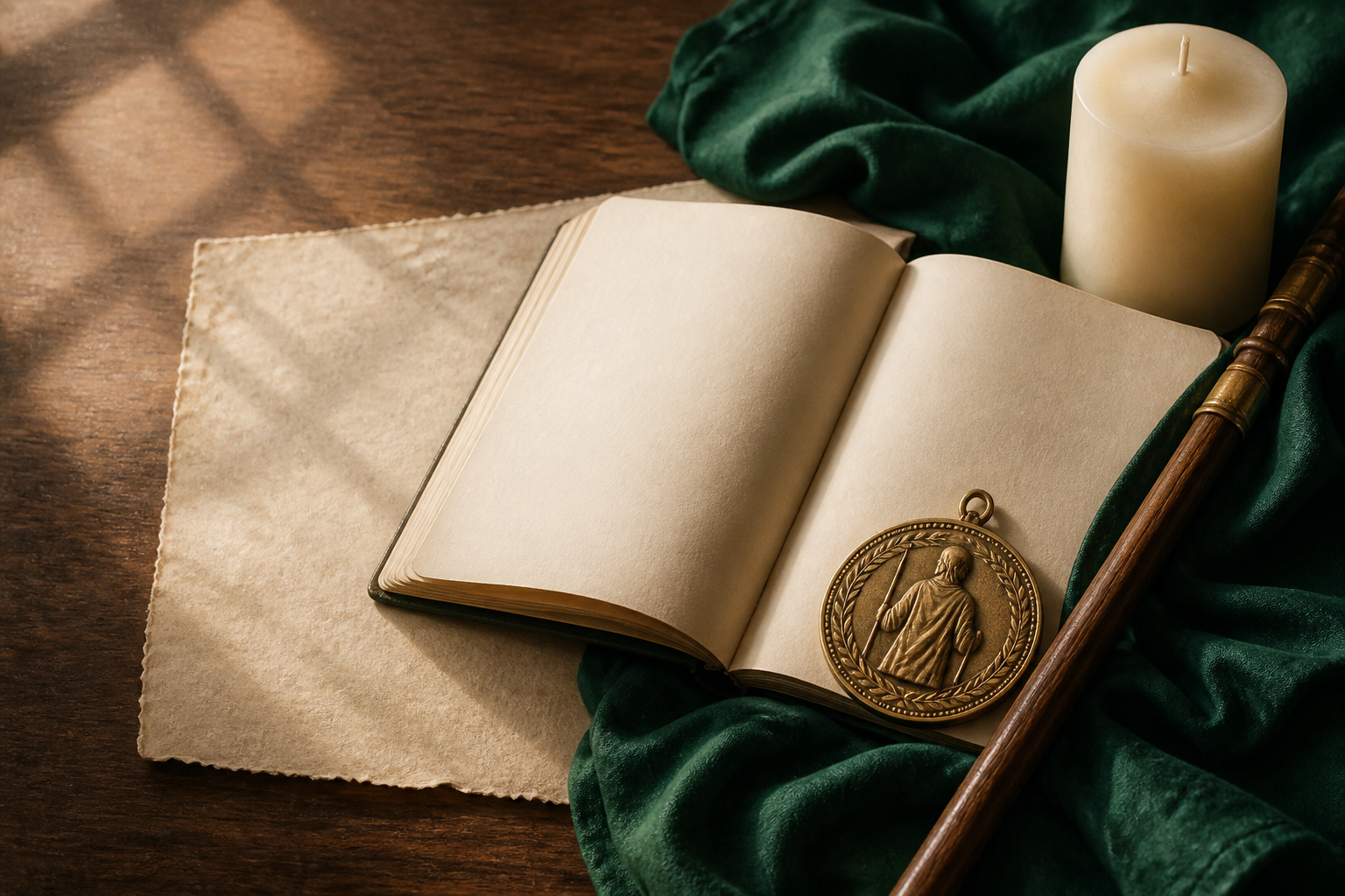 Composición editorial para una guía de consagración a San Judas Tadeo con cuaderno, paño verde, medalla y bastón