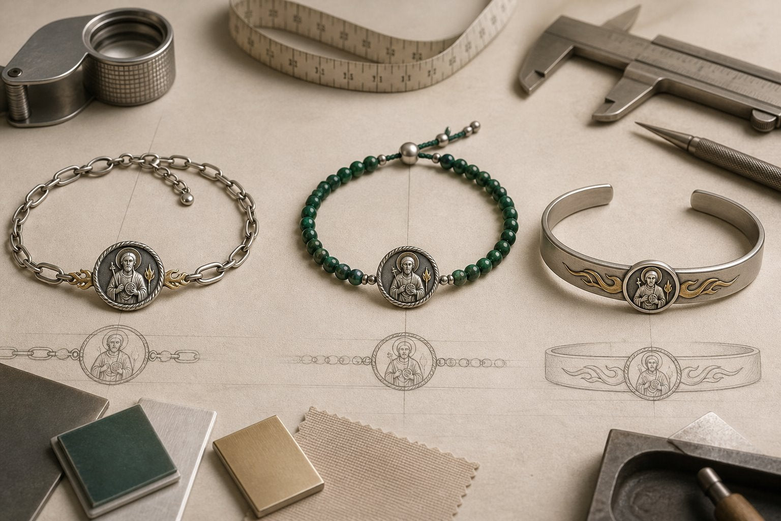 Original concept studies for chain, bead and cuff San Judas bracelets on a jeweler table