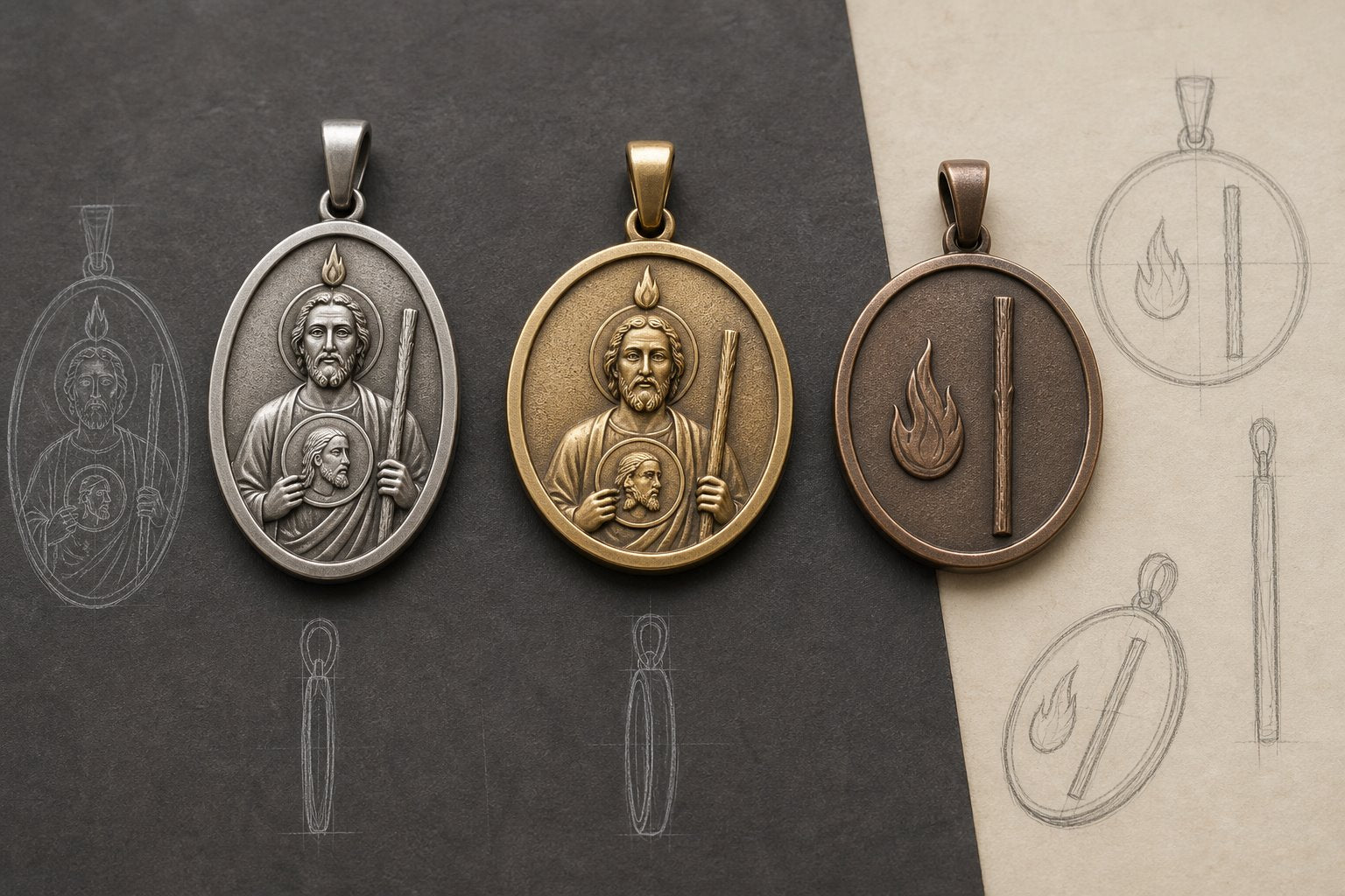 Editorial San Judas pendant concept beside a chain and jewelry measuring tools