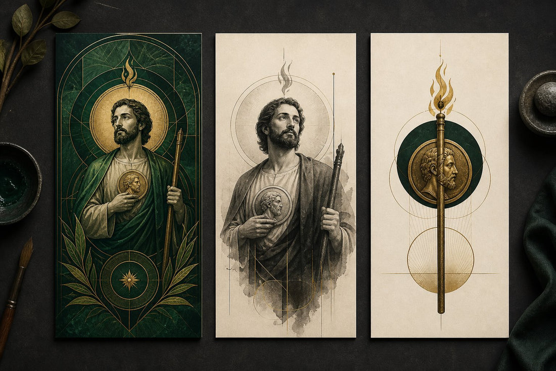 Three original San Judas wallpaper directions in emerald, black and grey, and symbolic styles
