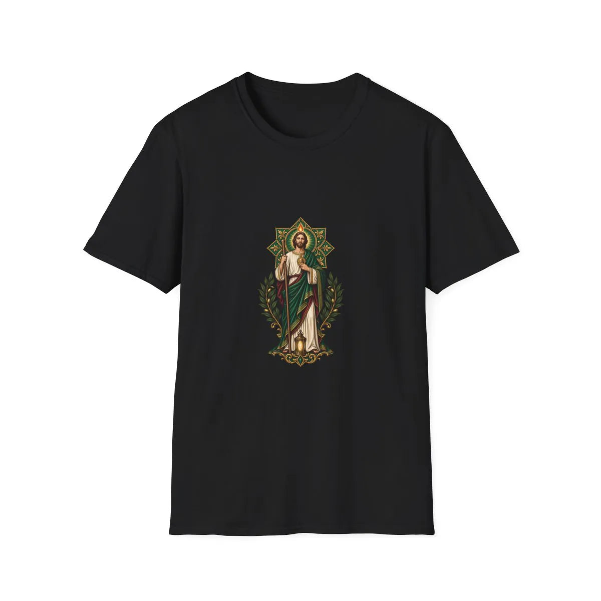 San Judas T-shirt with emerald rosette, olive sprigs, and lantern artwork, Black front view