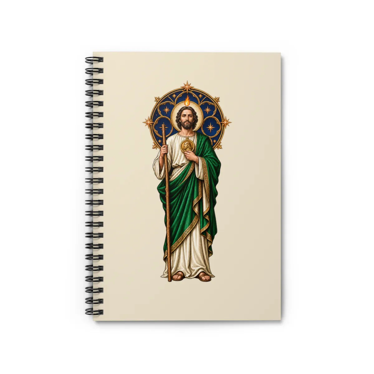San Judas spiral notebook with celestial rose window and copper star artwork, front view