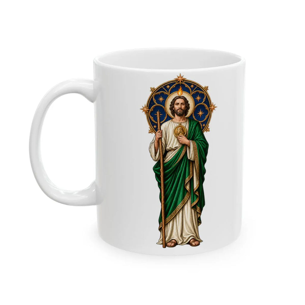 San Judas ceramic mug with celestial rose window and copper star artwork, left view