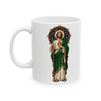San Judas ceramic mug with celestial rose window and copper star artwork, left view