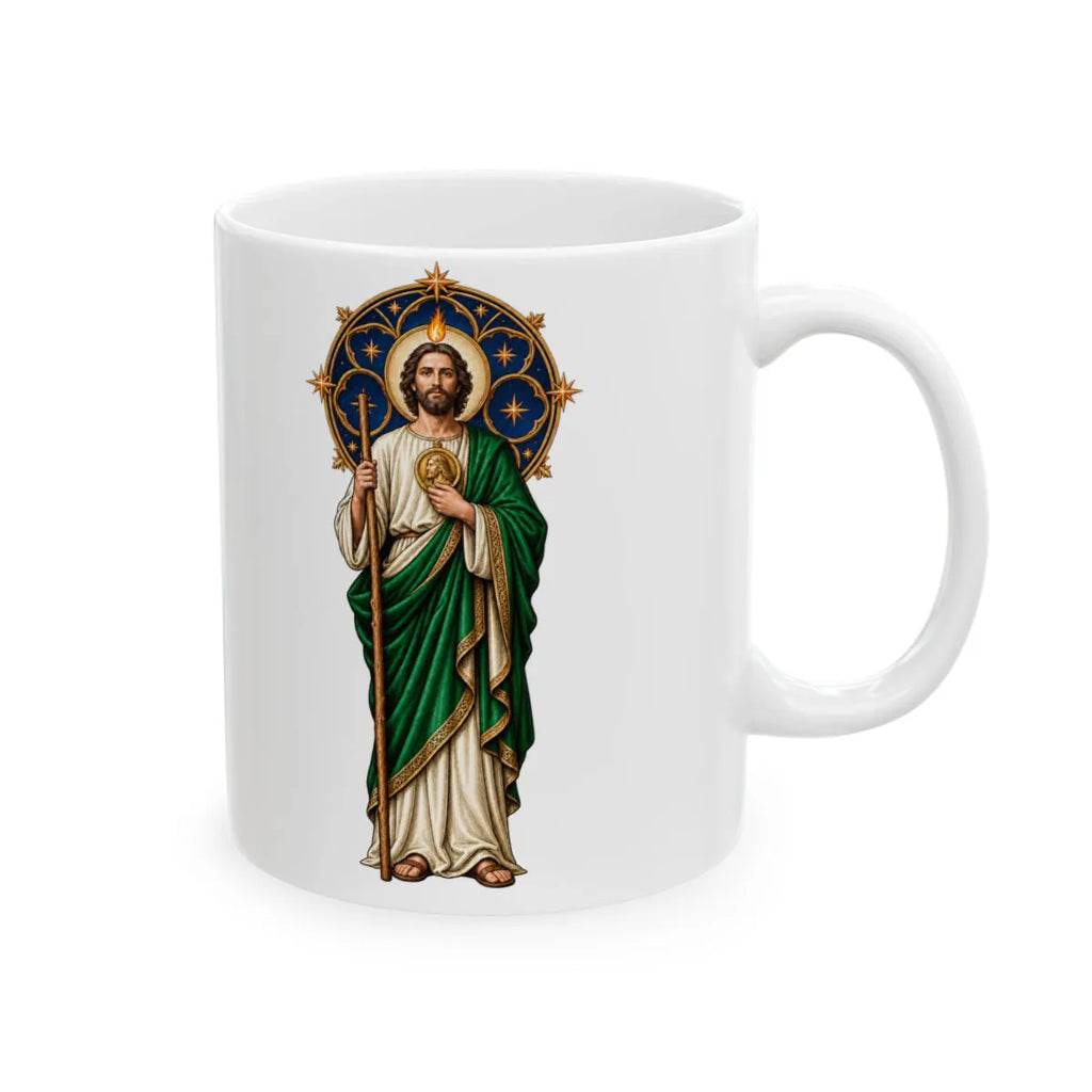 San Judas ceramic mug with celestial rose window and copper star artwork, right view
