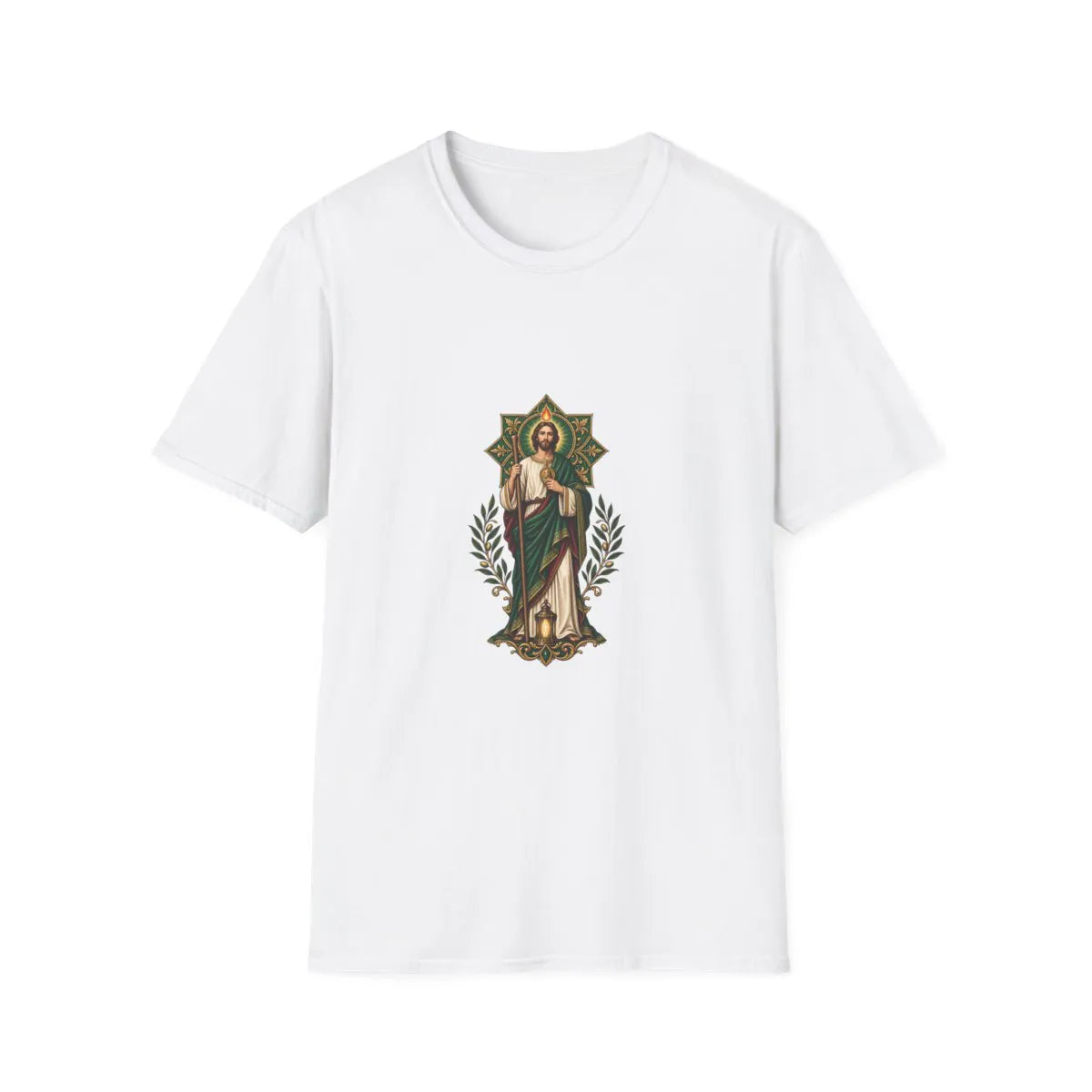 San Judas T-shirt with emerald rosette, olive sprigs, and lantern artwork, White front view