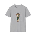 San Judas T-shirt with midnight-blue celestial rose window and copper star artwork, Sport Grey front view