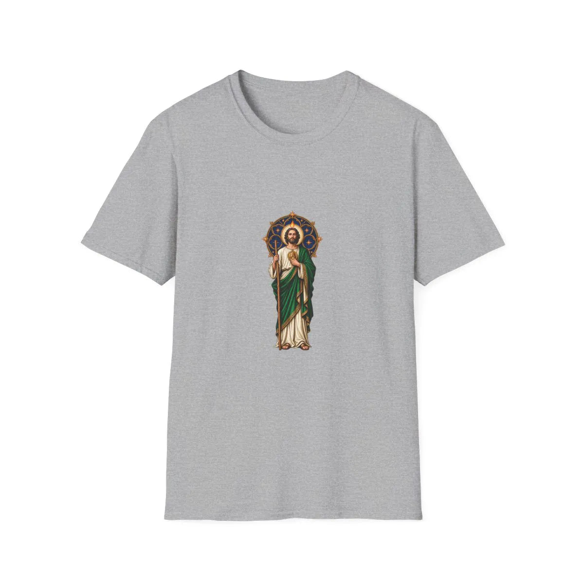 San Judas T-shirt with midnight-blue celestial rose window and copper star artwork, Sport Grey front view