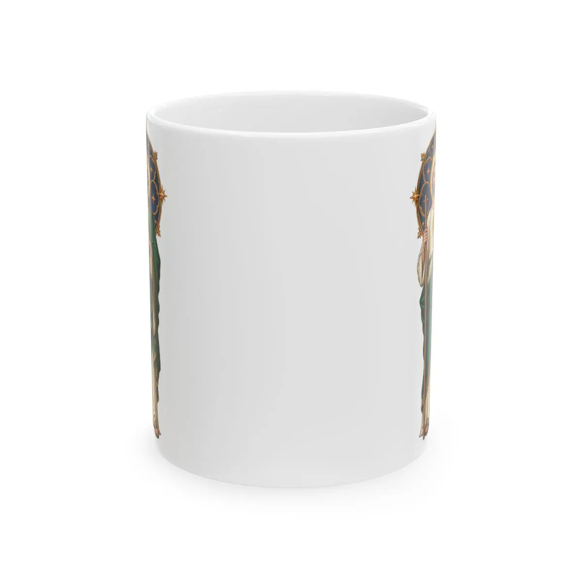 San Judas ceramic mug with celestial rose window and copper star artwork, front view