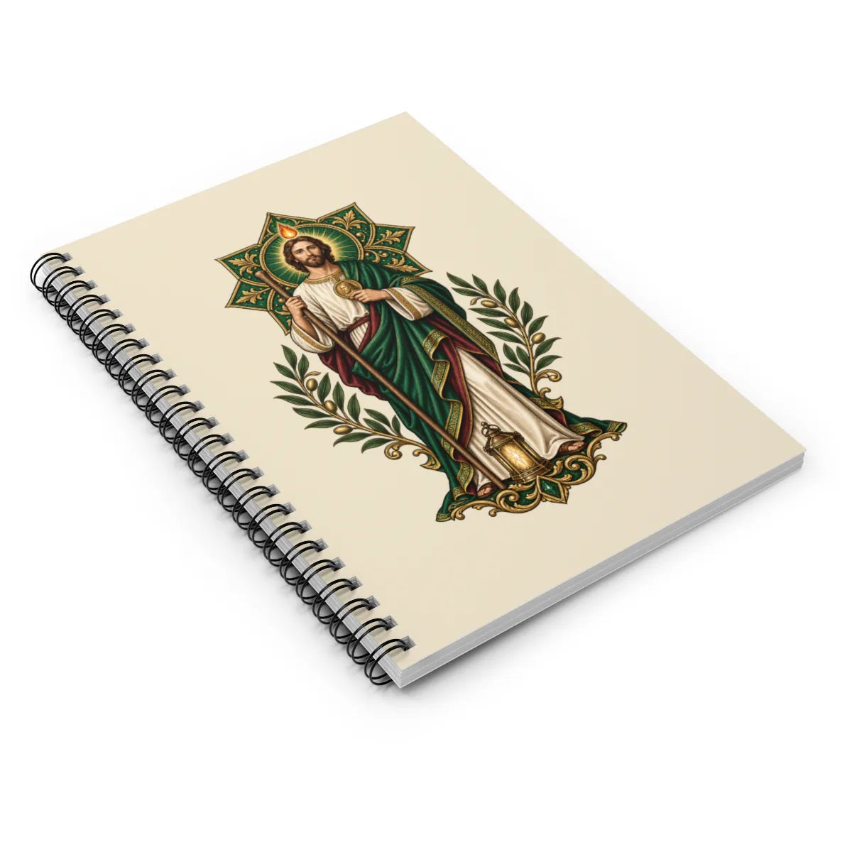 San Judas spiral notebook with emerald rosette and lantern artwork, perspective view
