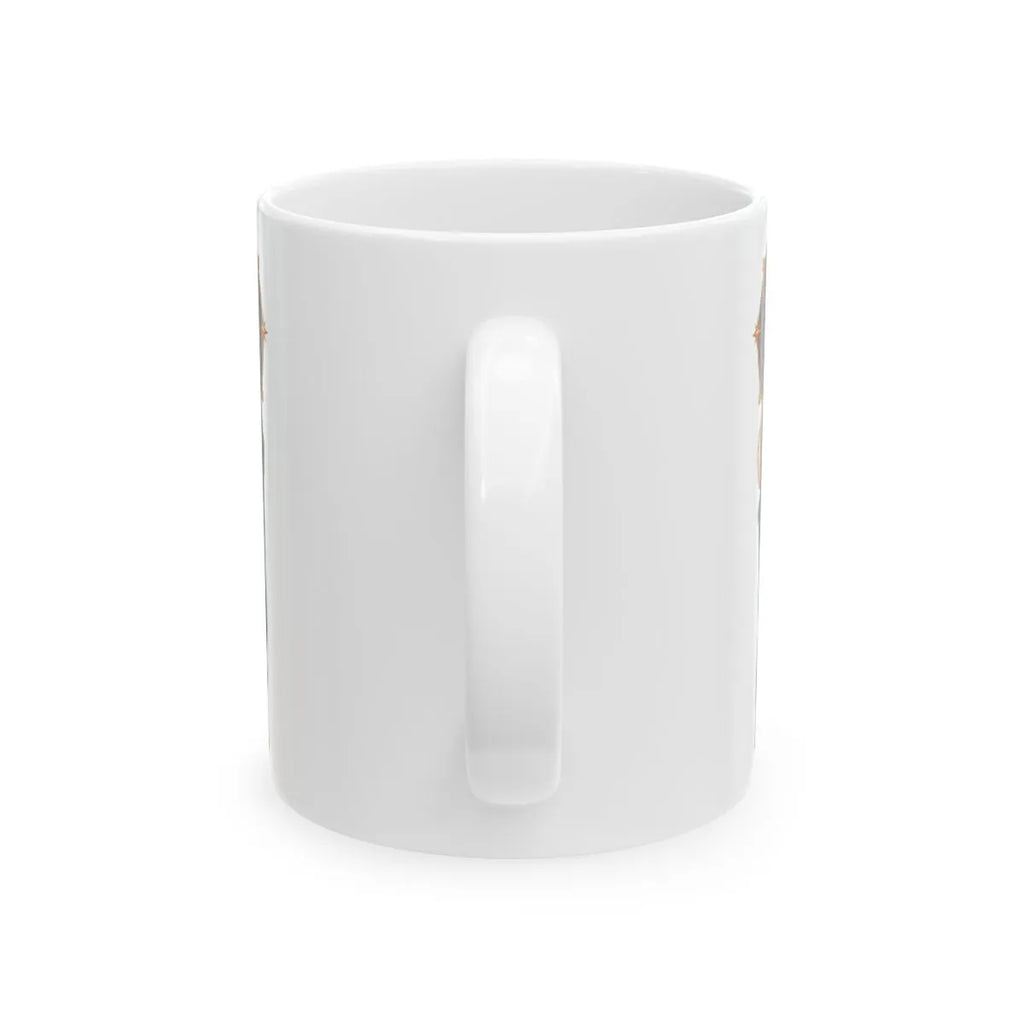 San Judas ceramic mug with celestial rose window and copper star artwork, back view