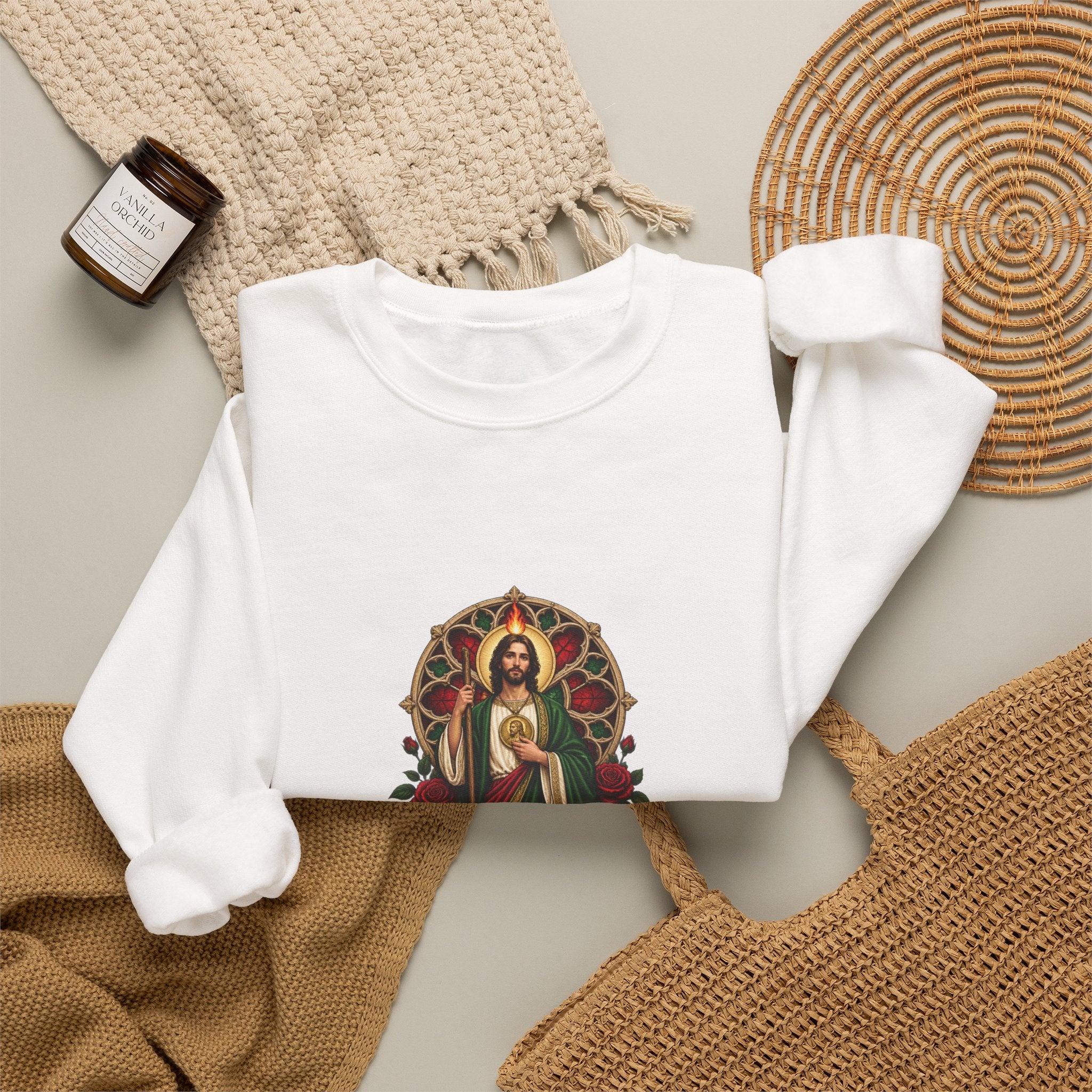 San Judas Tadeo Crimson Rose Window Crewneck Sweatshirt product preview, view 4