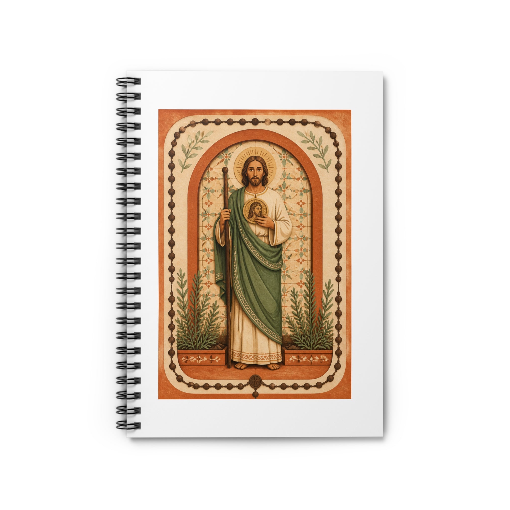 terracotta, cream, and sage San Judas Tadeo Terracotta Rosary Garden illustration on a spiral notebook