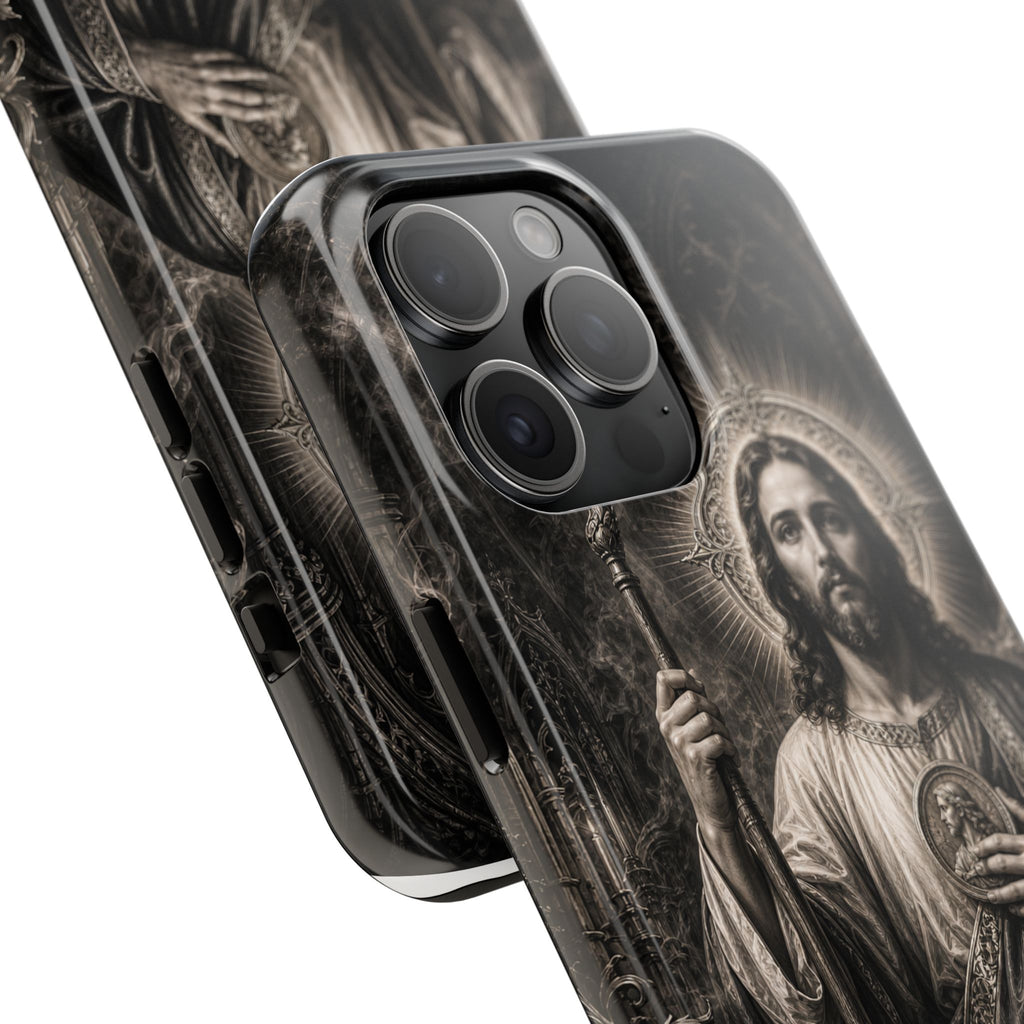 San Judas Tadeo black and grey Gothic cathedral tough iPhone case mockup