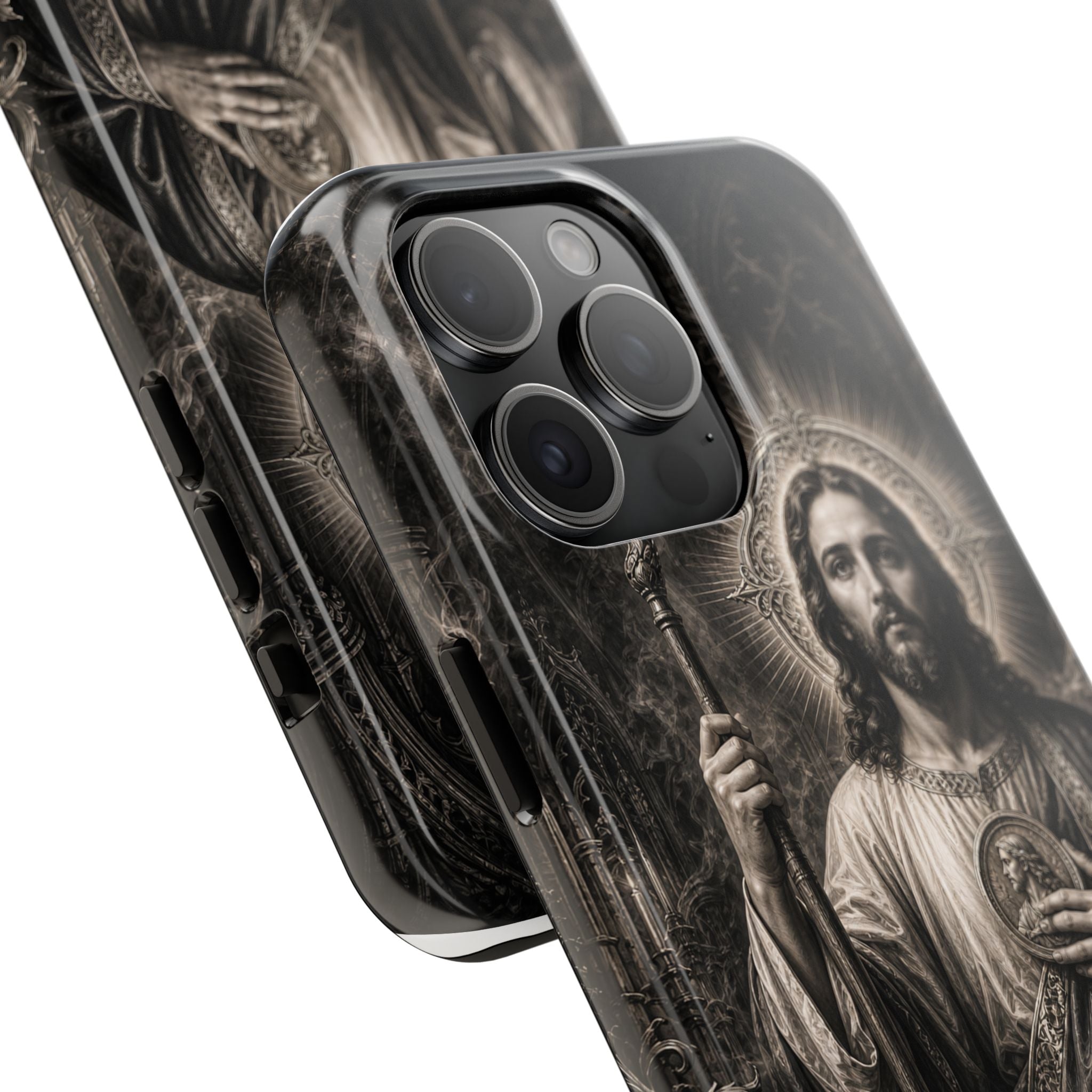 San Judas Tadeo black and grey Gothic cathedral tough iPhone case mockup