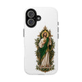 iPhone 16 San Judas phone case with olive and antique gold reliquary artwork