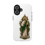 iPhone 16 San Judas phone case with olive and antique gold reliquary artwork