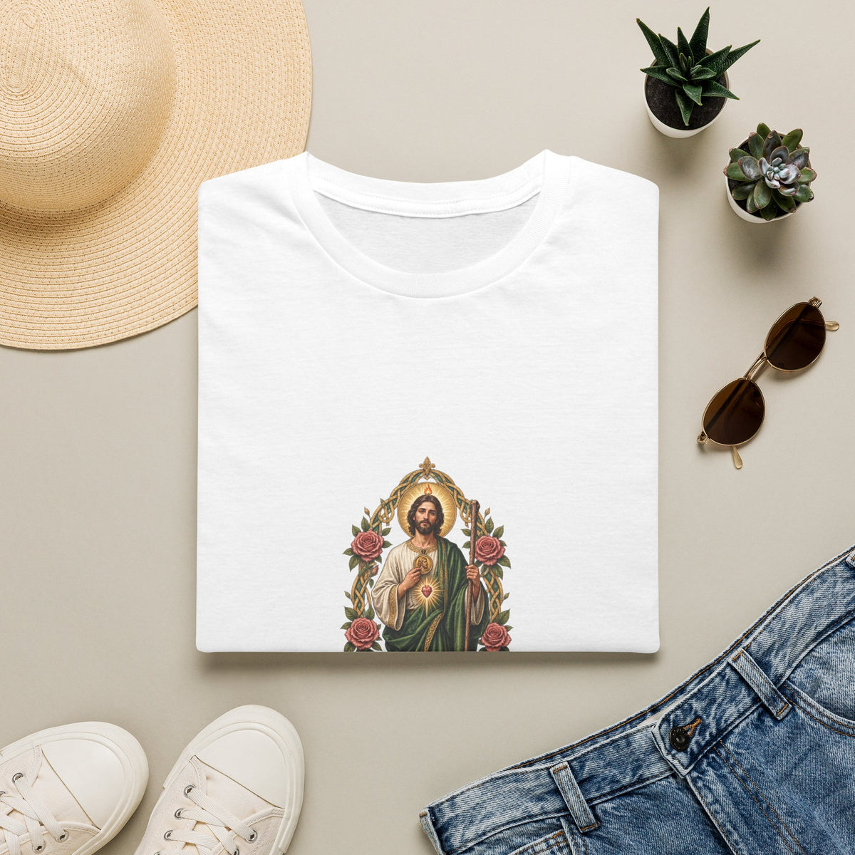 San Judas T-shirt with rosewater pilgrim knot and indigo ribbonwork