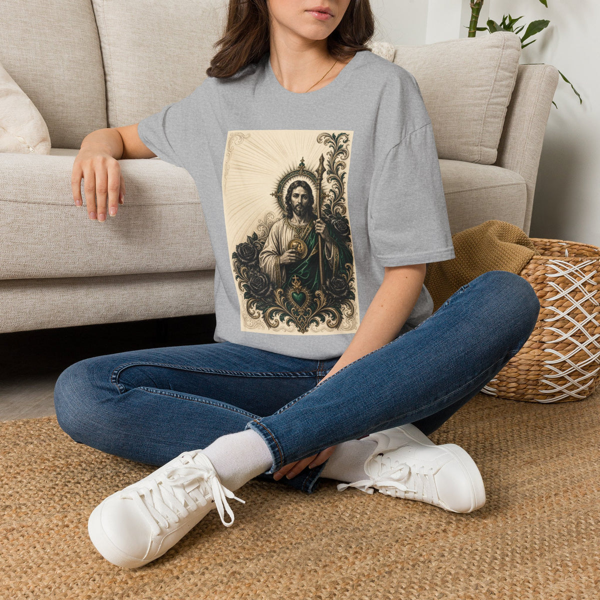 San Judas Tadeo Emerald & Gold Sacred Heart Unisex T-Shirt product view 15