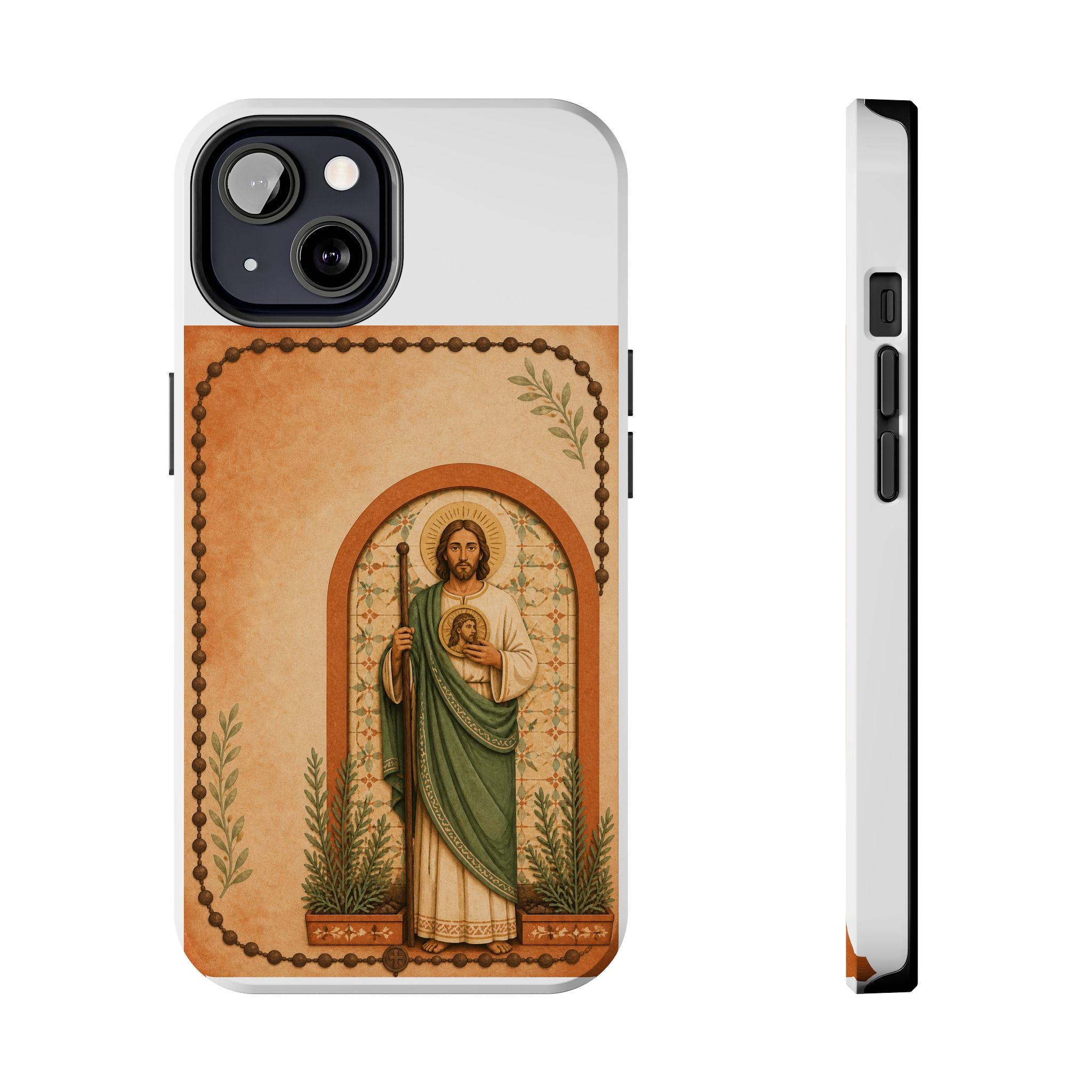 terracotta, cream, and sage San Judas Tadeo Terracotta Rosary Garden illustration on a tough phone case
