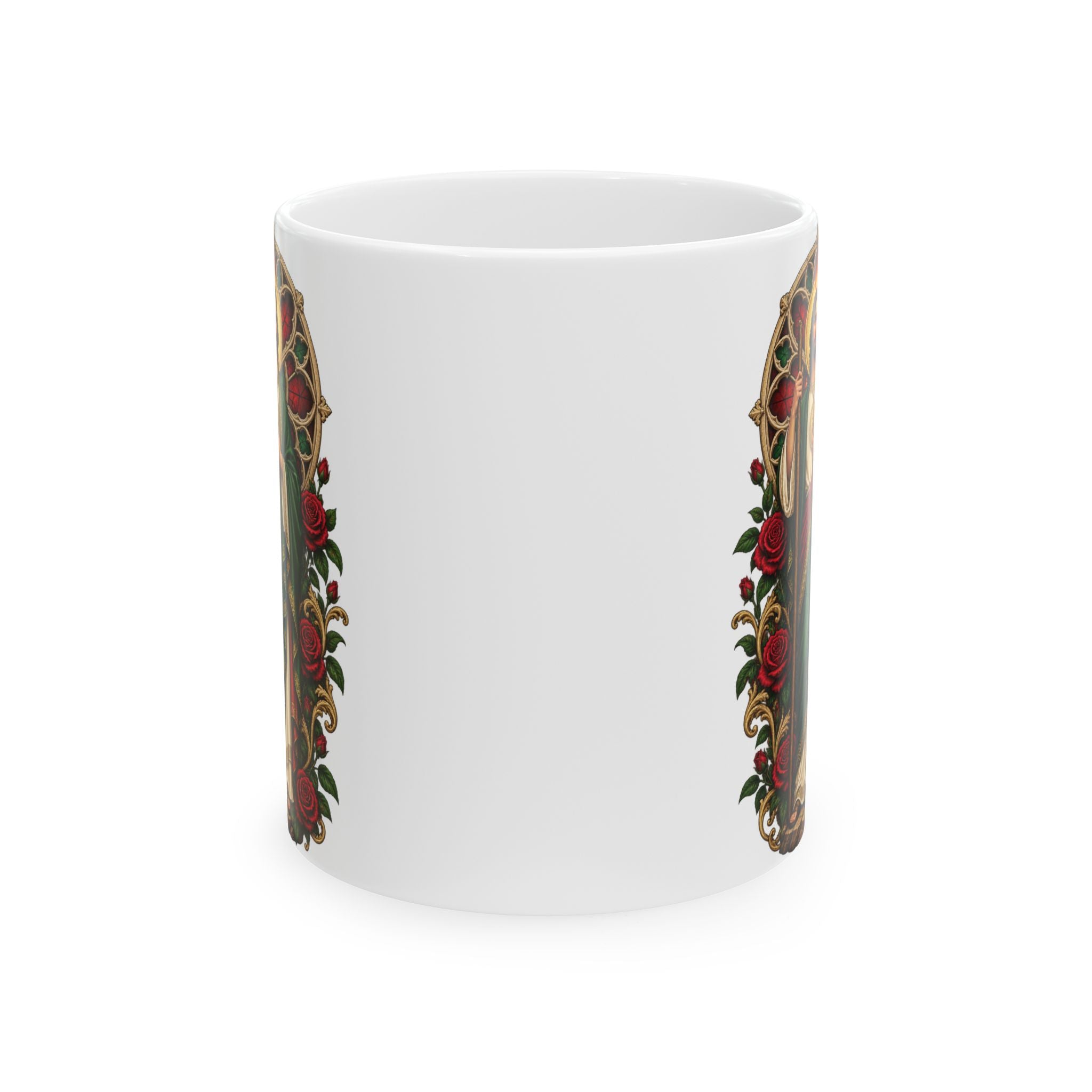 Crimson Rose Window San Judas Tadeo illustration on a ceramic mug