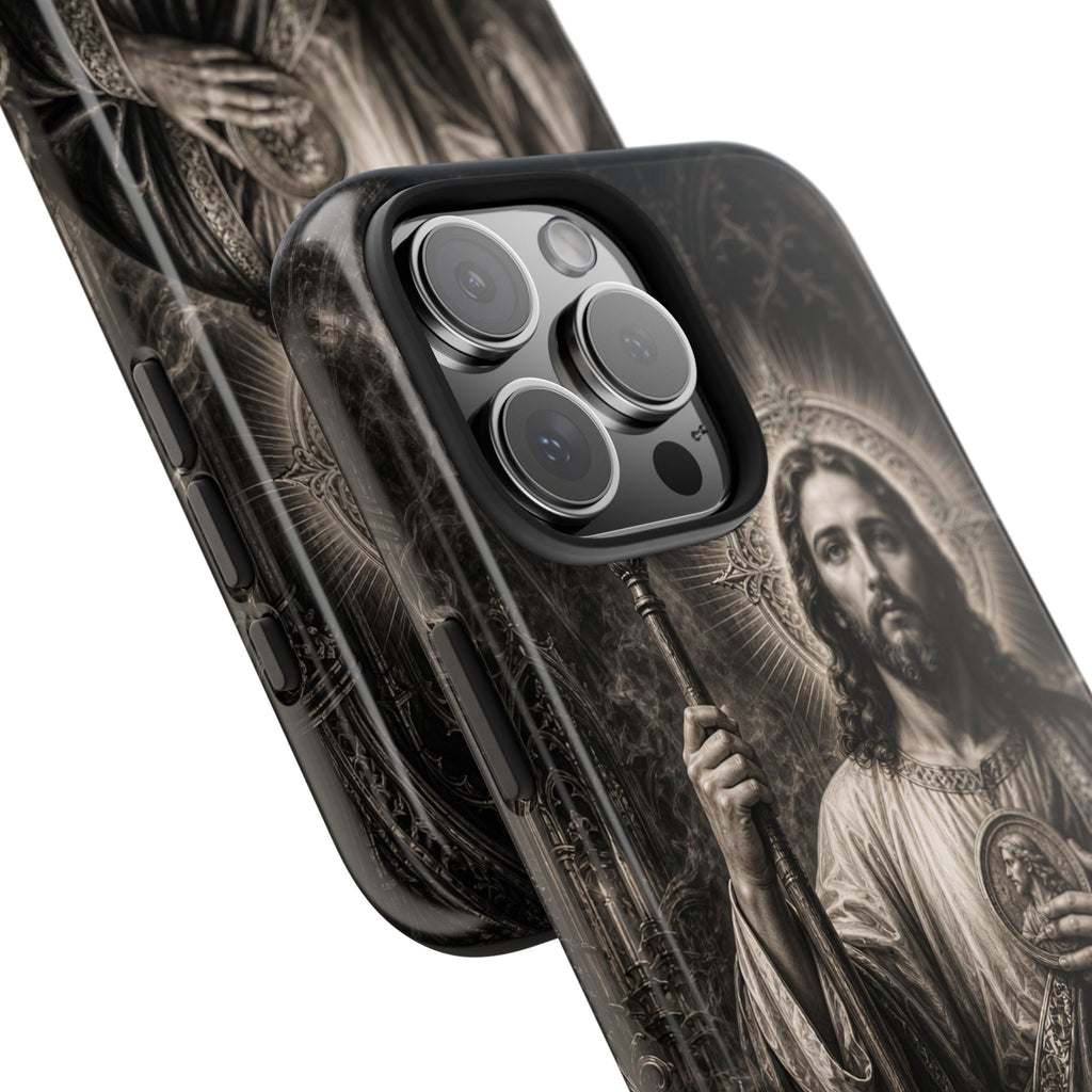 San Judas Tadeo black and grey Gothic cathedral tough iPhone case mockup