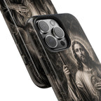 San Judas Tadeo black and grey Gothic cathedral tough iPhone case mockup