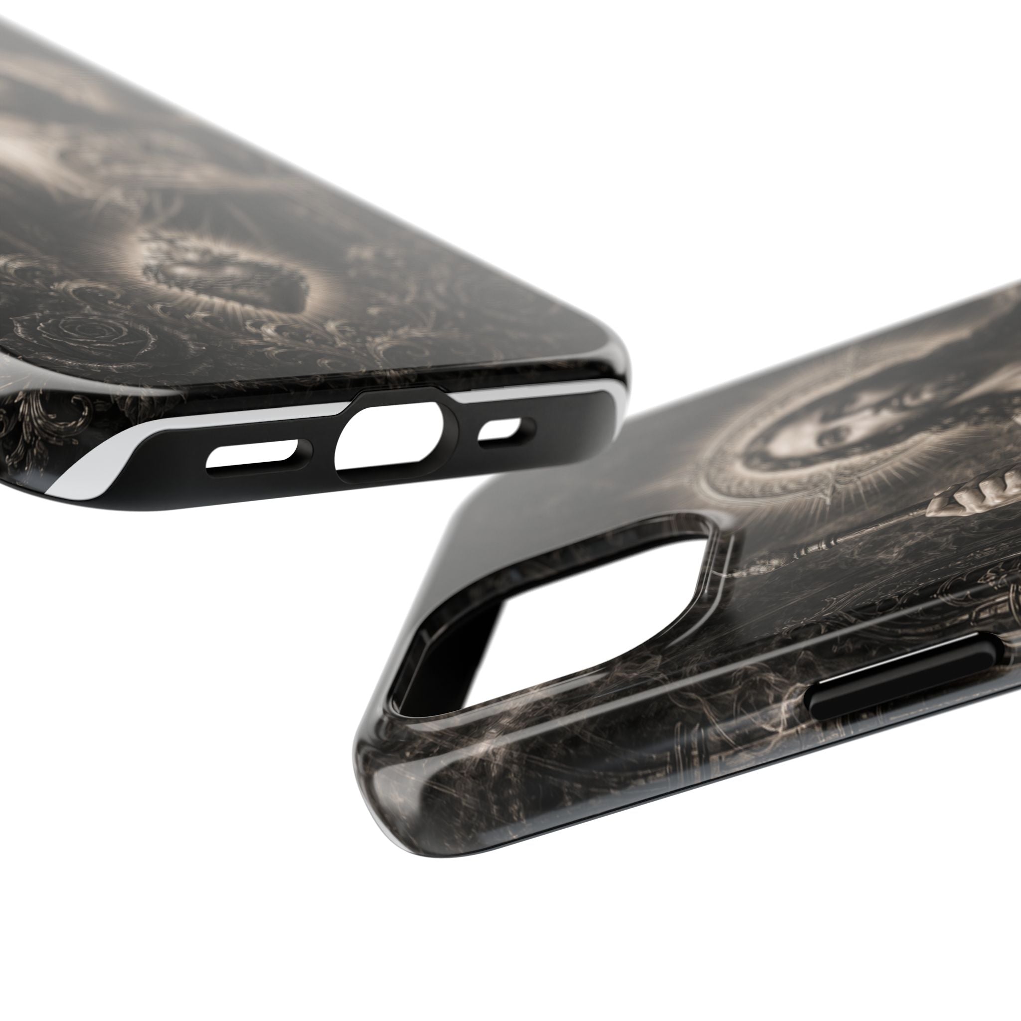 San Judas Tadeo black and grey Gothic cathedral tough iPhone case mockup