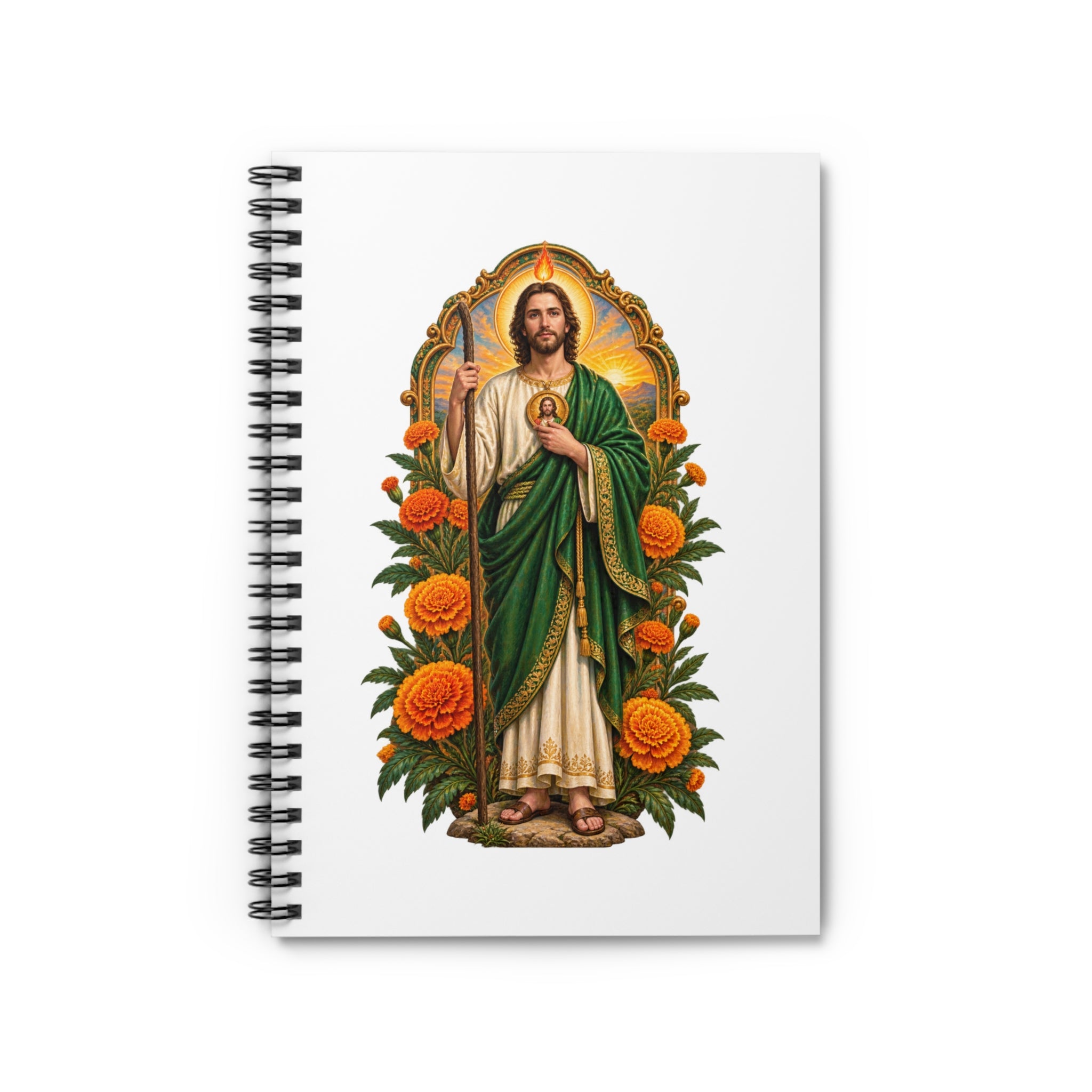 Marigold Sun Arch San Judas Tadeo illustration on a spiral notebook
