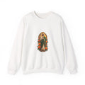 Marigold Sun Arch San Judas Tadeo illustration on a crewneck sweatshirt