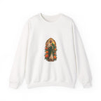 Marigold Sun Arch San Judas Tadeo illustration on a crewneck sweatshirt