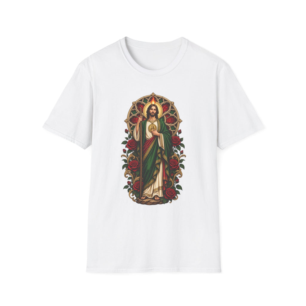 San Judas Tadeo Crimson Rose Window Unisex T-Shirt product preview, view 3