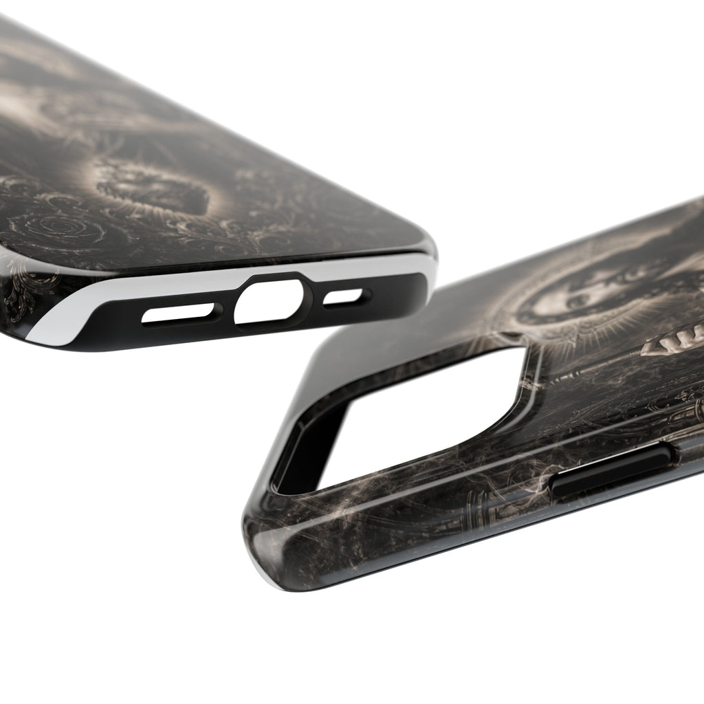 San Judas Tadeo black and grey Gothic cathedral tough iPhone case mockup