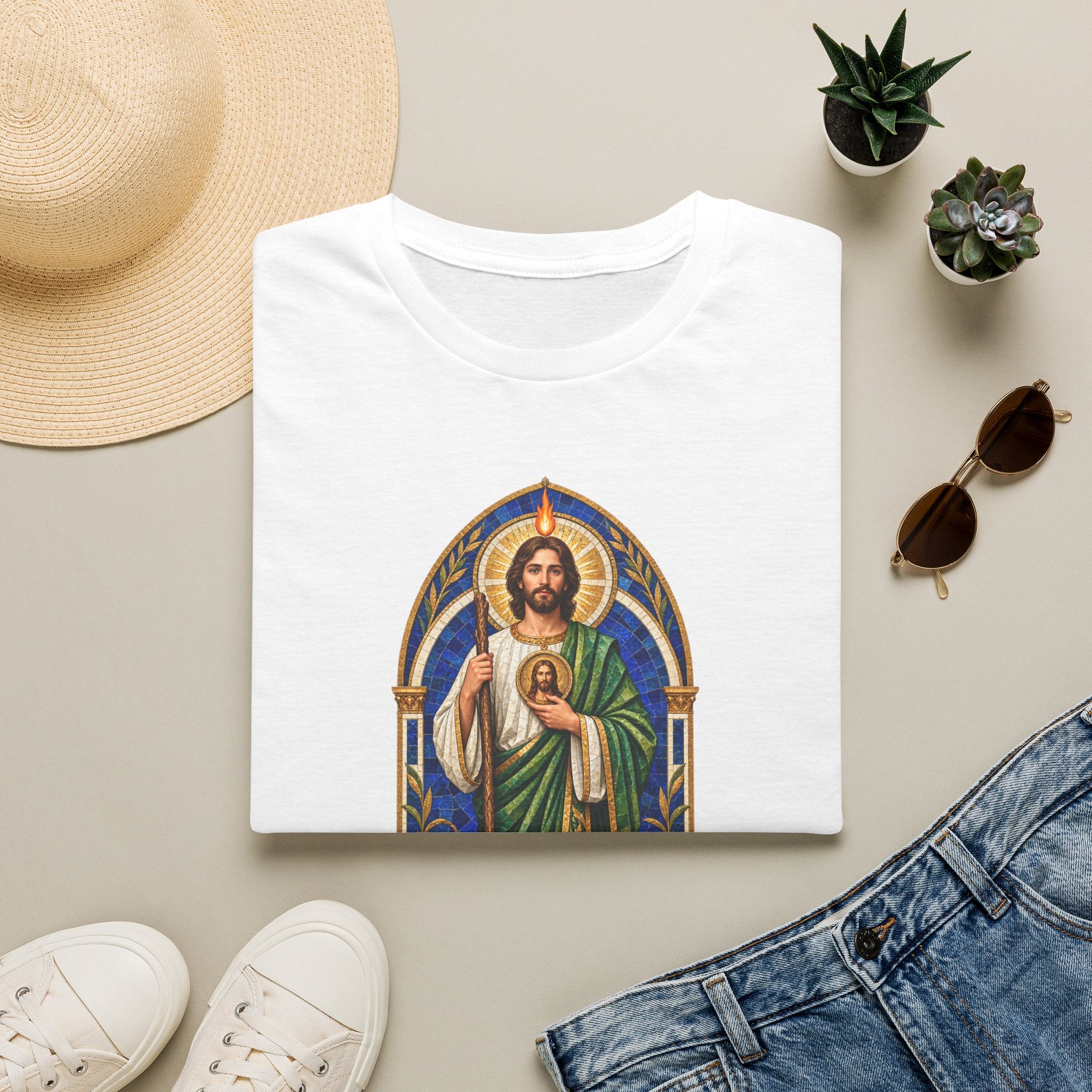 Cobalt Chapel Mosaic San Judas Tadeo illustration on a unisex t-shirt