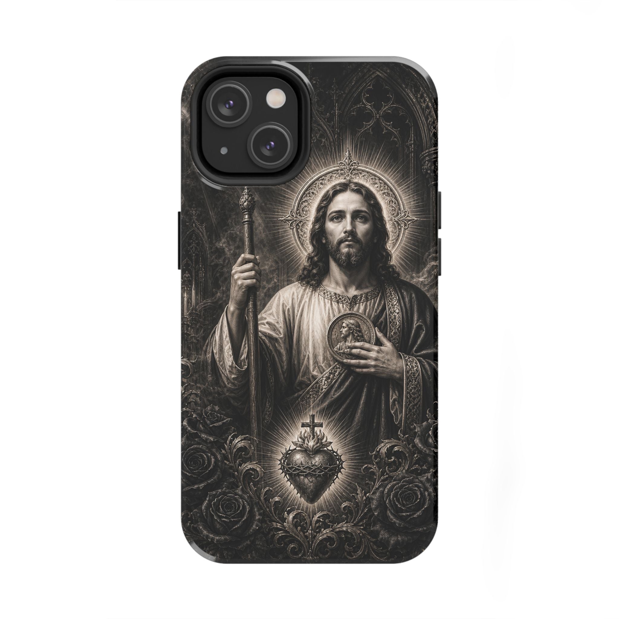 San Judas Tadeo black and grey Gothic cathedral tough iPhone case mockup