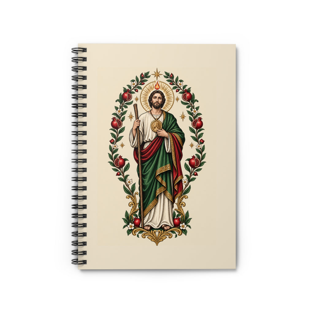 San Judas spiral notebook cover with pomegranate branches and gold stars