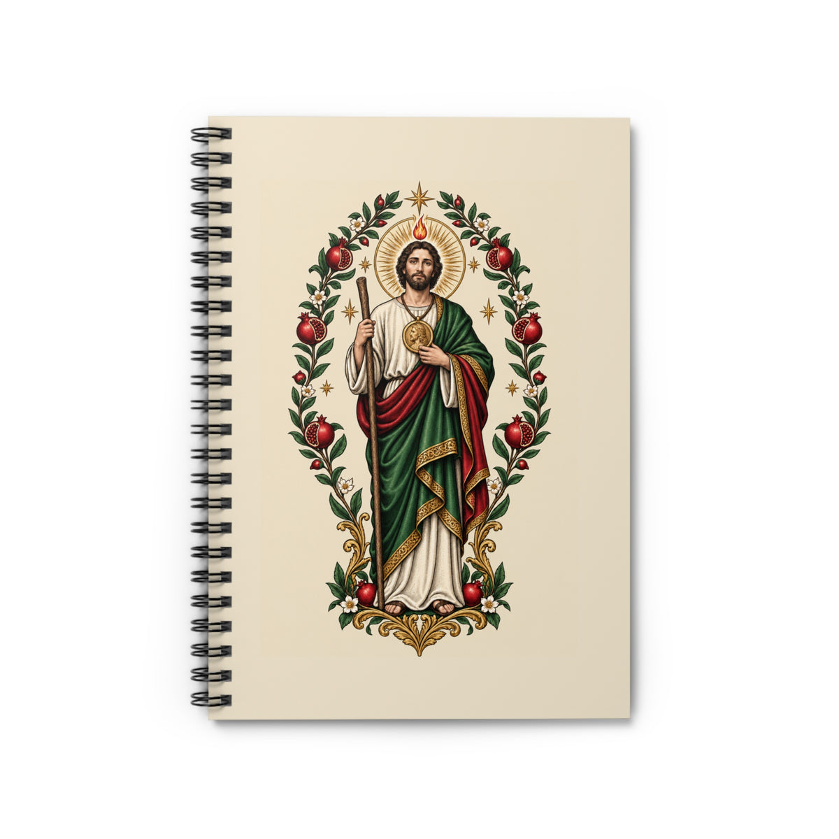 San Judas spiral notebook cover with pomegranate branches and gold stars