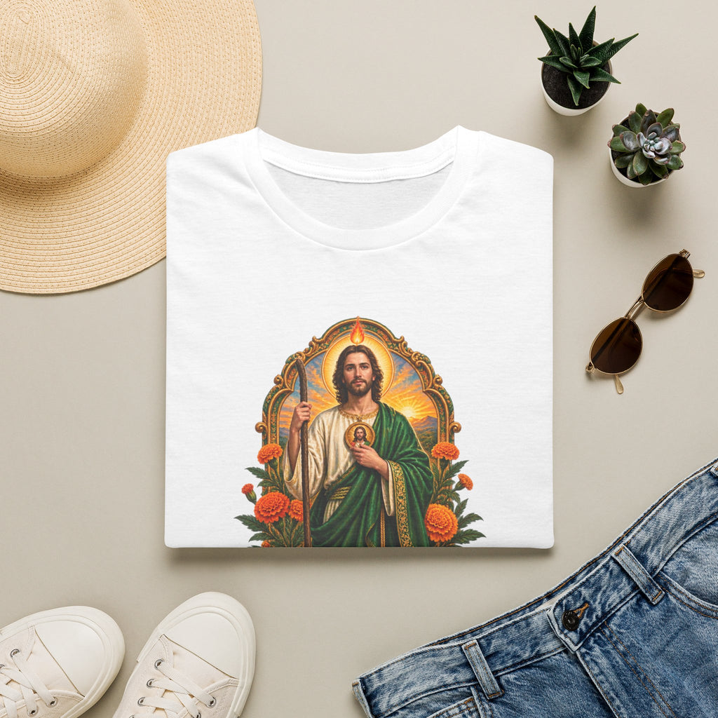Marigold Sun Arch San Judas Tadeo illustration on a unisex t-shirt
