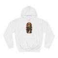 Crimson Rose Window San Judas Tadeo illustration on a unisex hoodie