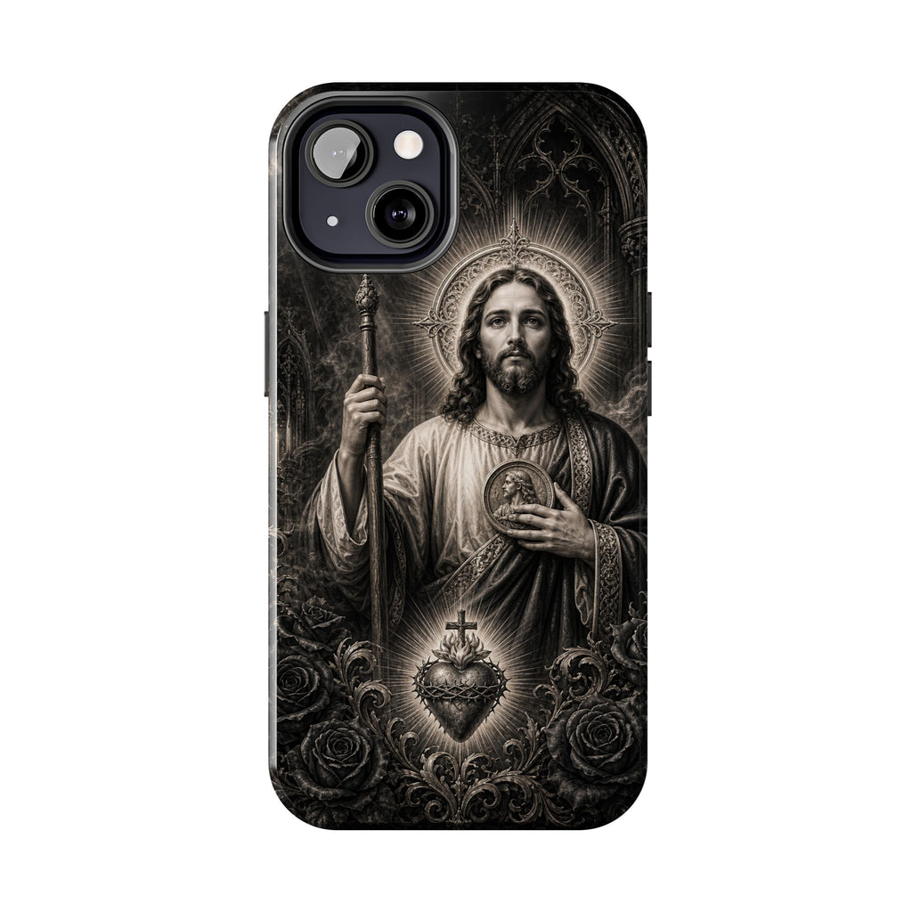 San Judas Tadeo black and grey Gothic cathedral tough iPhone case mockup