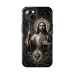 San Judas Tadeo black and grey Gothic cathedral tough iPhone case mockup