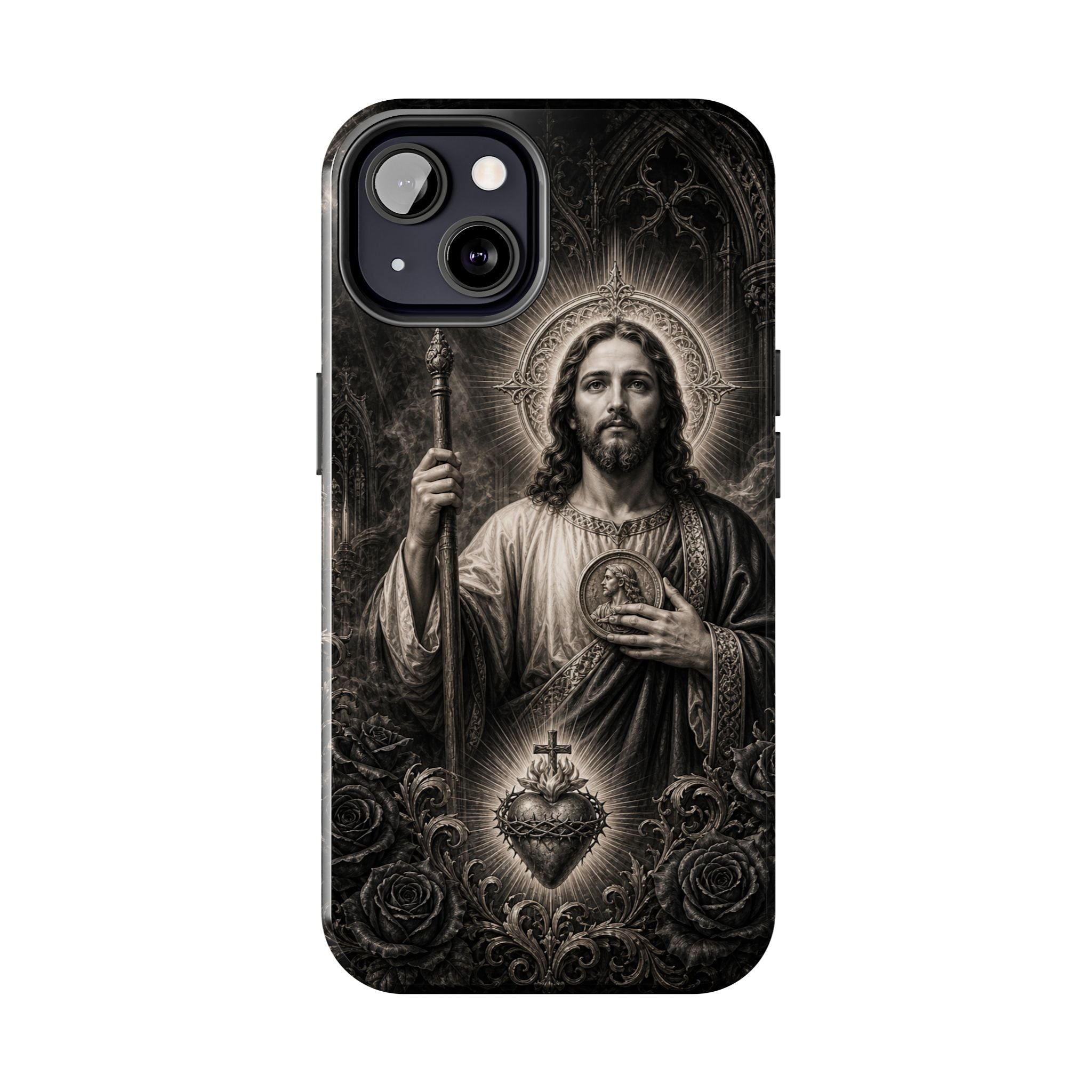 San Judas Tadeo black and grey Gothic cathedral tough iPhone case mockup