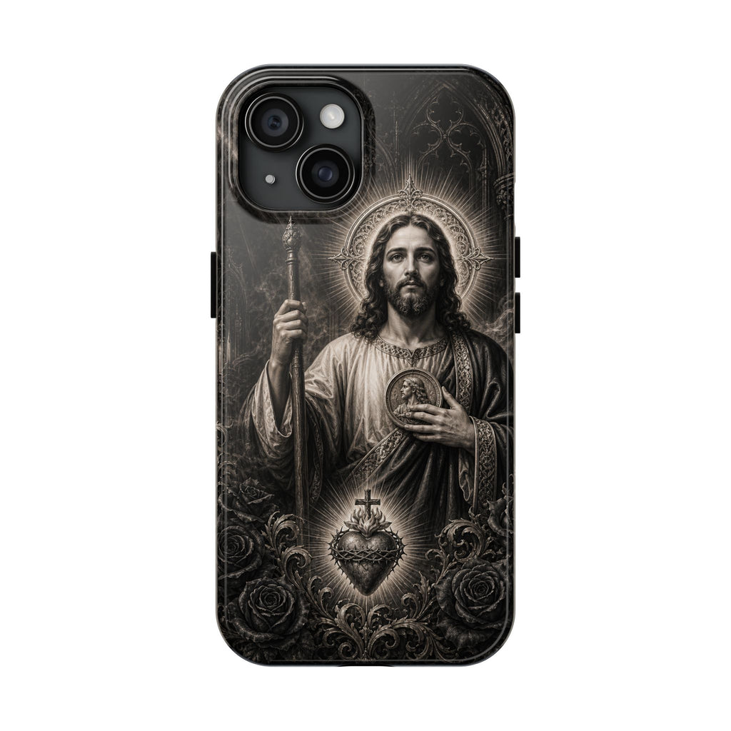iPhone 15 San Judas phone case with black and grey Gothic cathedral artwork