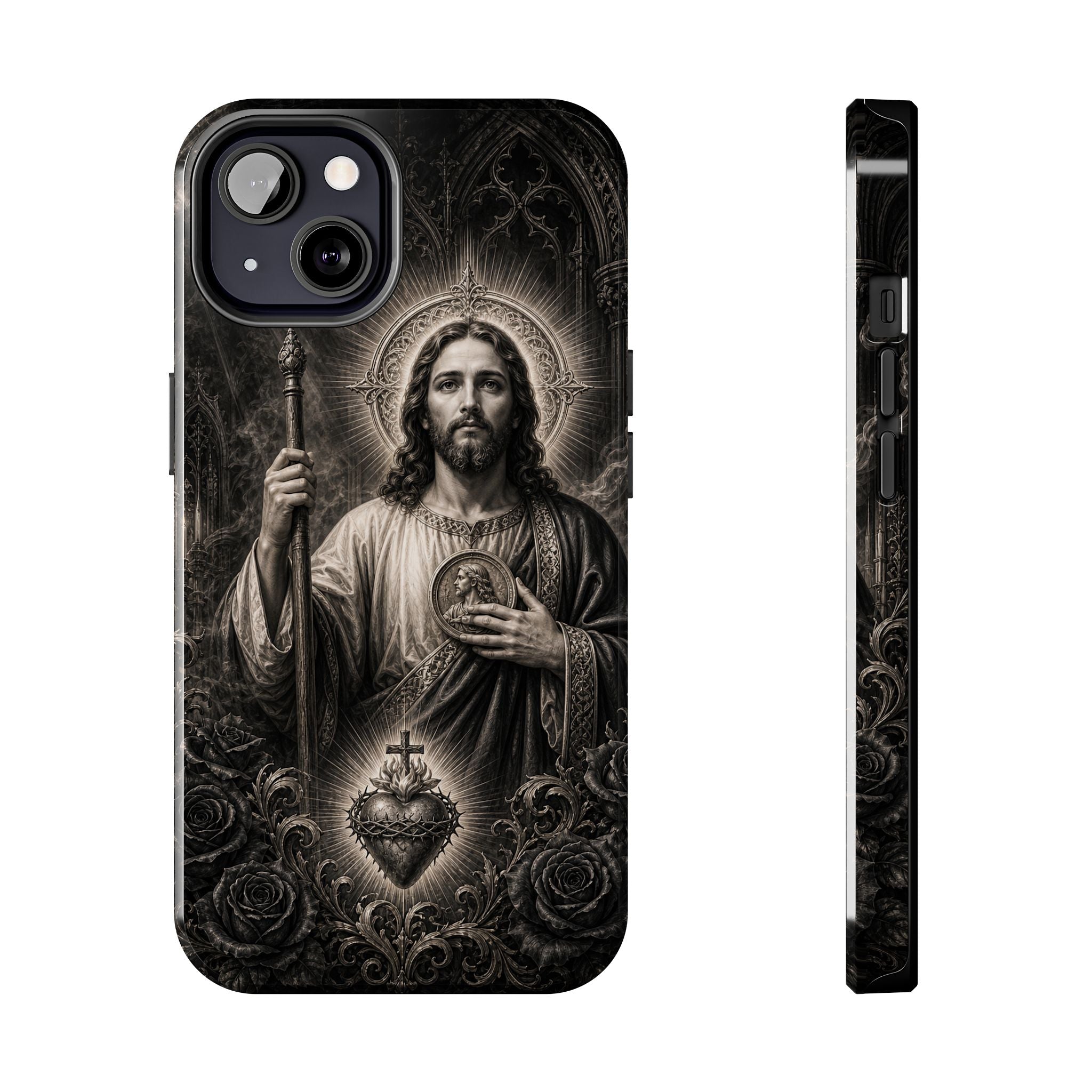 San Judas Tadeo black and grey Gothic cathedral tough iPhone case mockup