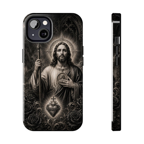 San Judas Tadeo black and grey Gothic cathedral tough iPhone case mockup