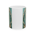 aqua, pearl, and aged brass San Judas Tadeo Aqua Radiant Sanctuary illustration on a 11 oz ceramic mug