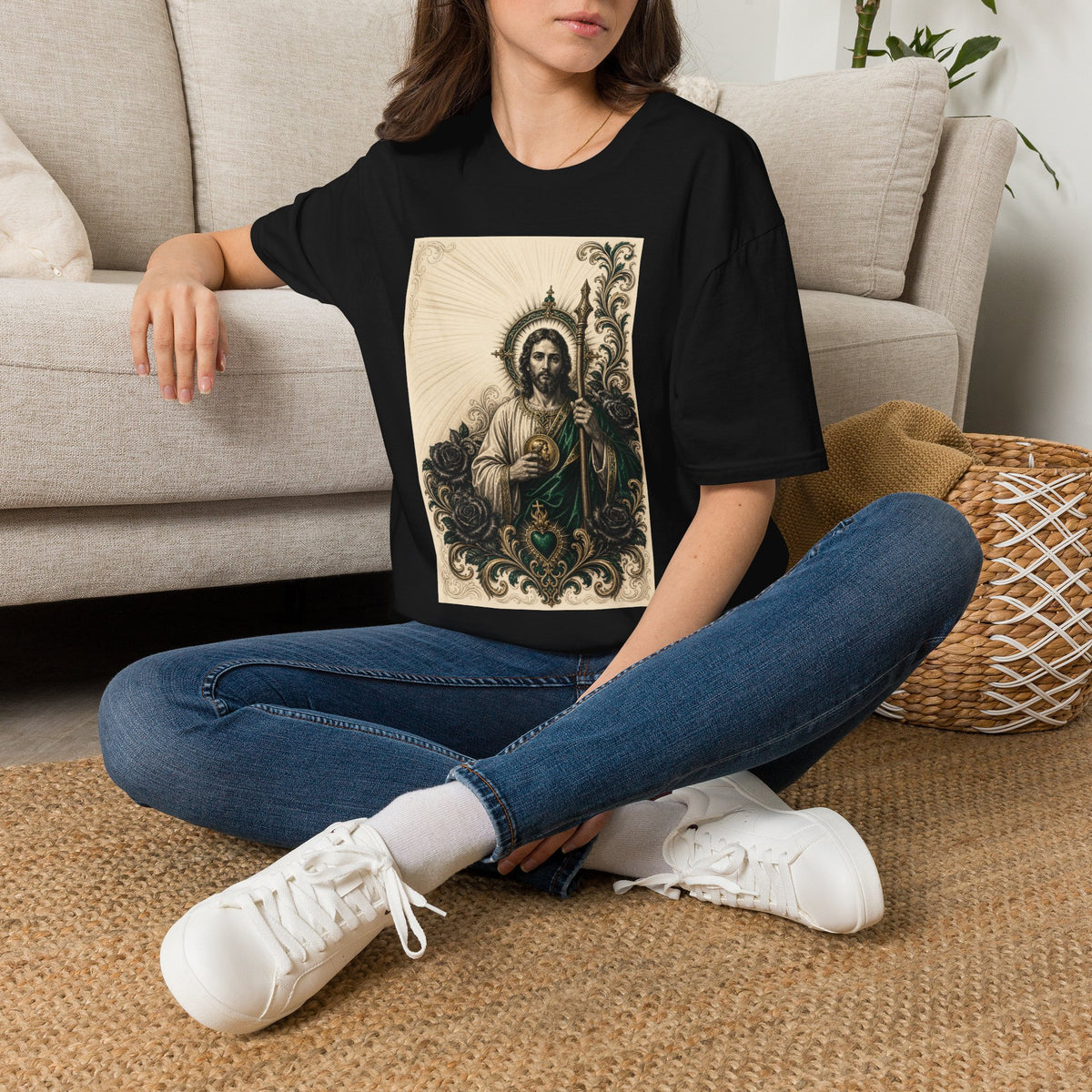 San Judas Tadeo Emerald & Gold Sacred Heart Unisex T-Shirt product view 9