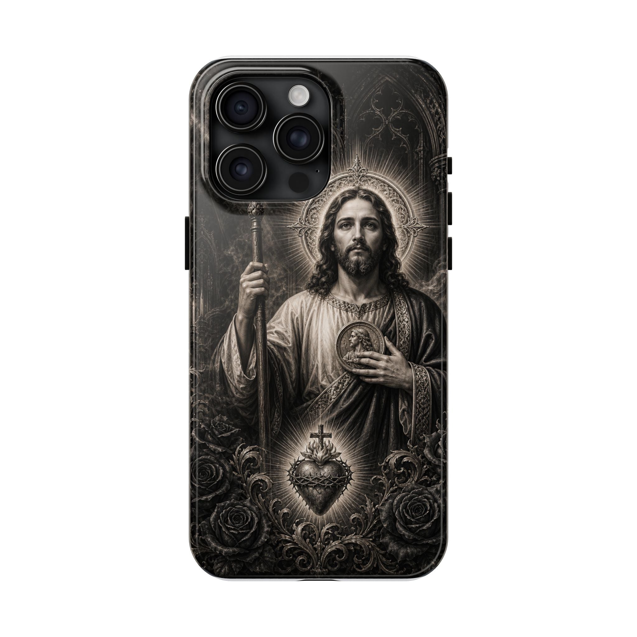 San Judas Tadeo black and grey Gothic cathedral tough iPhone case mockup