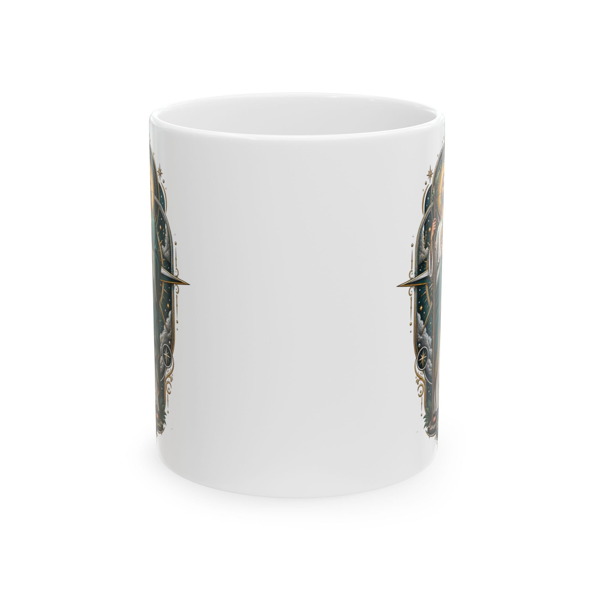 Midnight Compass San Judas Tadeo illustration on a ceramic mug