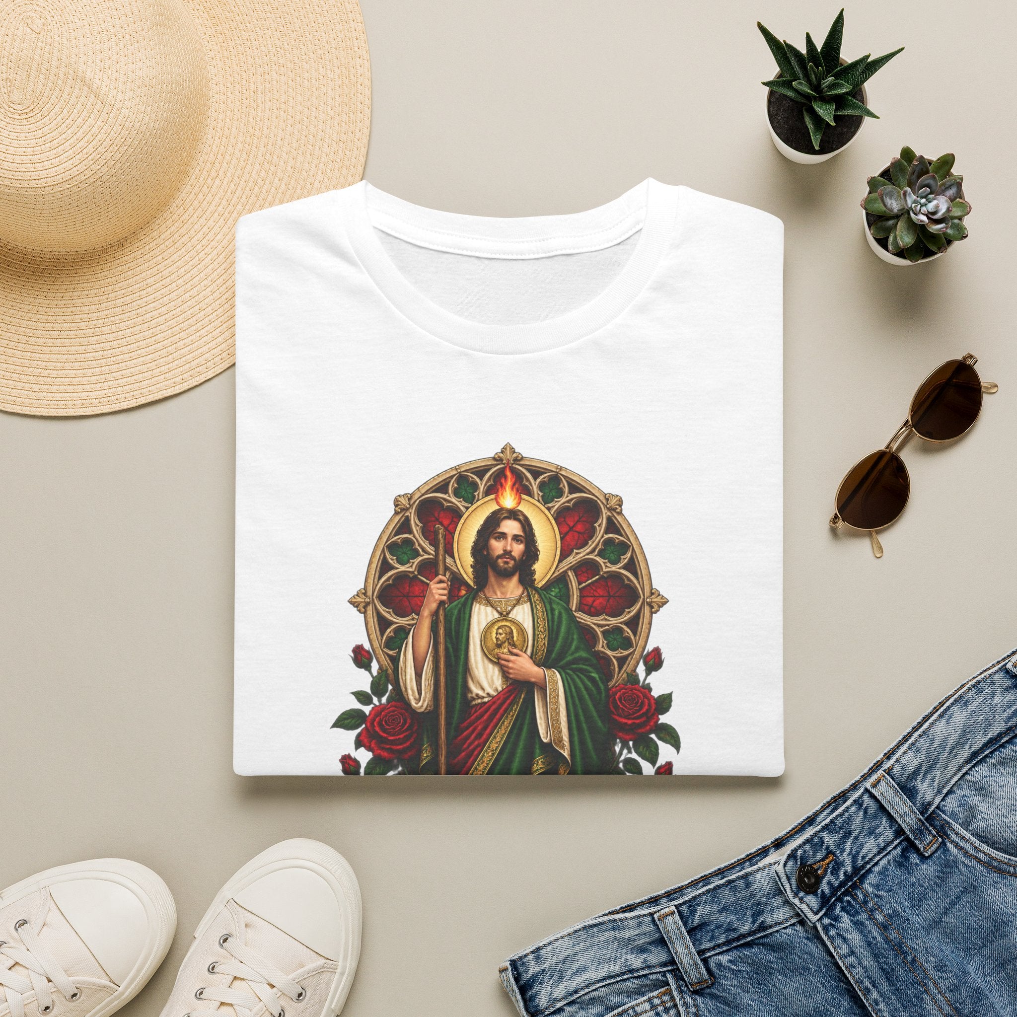 Crimson Rose Window San Judas Tadeo illustration on a unisex t-shirt